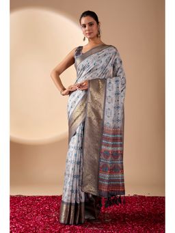 Anjaneya Sarees - Women White Silk Abstract Saree with Unstitched Blouse