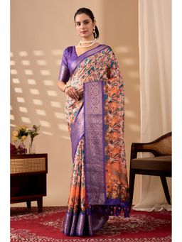 Anjaneya Sarees - Women Orange Silk Animal Print Saree with Unstitched Blouse