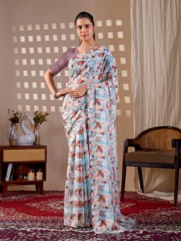 Anjaneya Sarees - Women White Silk Floral Saree with Unstitched Blouse