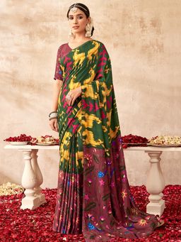 Sarha - Green Poly Georgette Printed Saree with Unstitched Blouse