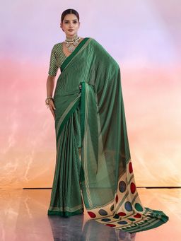 MEENA BAZAAR - Green Satin Saree Without Blouse