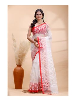 Boveee - Women White Woven Handloom Saree with Unstitched Blouse
