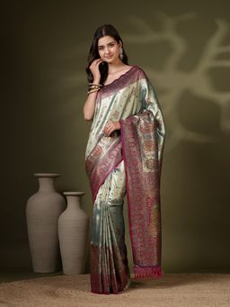 MEENA BAZAAR - Women Blue Art Silk Woven Saree with Unstitched Blouse