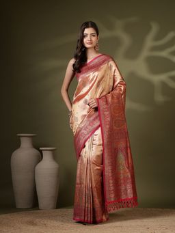 MEENA BAZAAR - Women Peach Art Silk Woven Saree with Unstitched Blouse