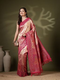 MEENA BAZAAR - Women Pink Art Silk Woven Saree with Unstitched Blouse