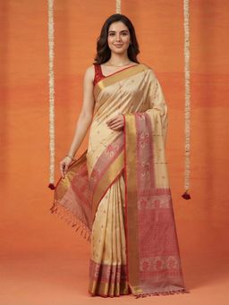 MEENA BAZAAR - Women Cream Art Silk Woven Saree with Unstitched Blouse