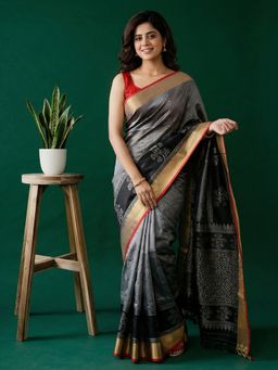 MEENA BAZAAR - Women Grey Art Silk Woven Saree with Unstitched Blouse