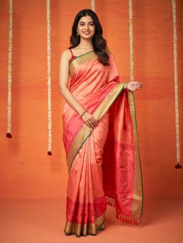 MEENA BAZAAR - Women Pink Art Silk Woven Saree with Unstitched Blouse