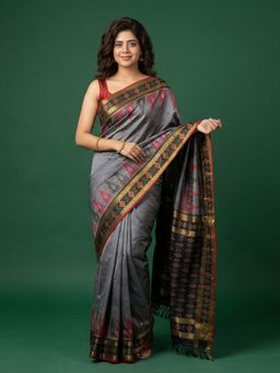MEENA BAZAAR - Women Grey Art Silk Woven Saree with Unstitched Blouse