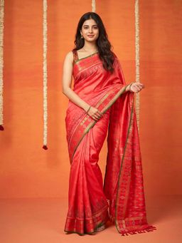 MEENA BAZAAR - Women Pink Art Silk Woven Saree with Unstitched Blouse