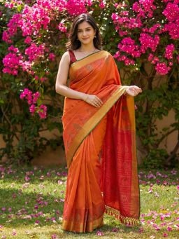 MEENA BAZAAR - Women Orange Art Silk Woven Saree with Unstitched Blouse