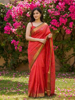 MEENA BAZAAR - Women Pink Art Silk Woven Saree with Unstitched Blouse