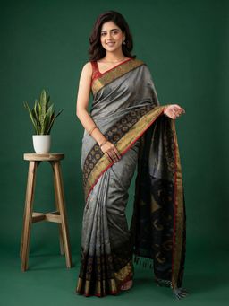 MEENA BAZAAR - Women Black Art Silk Woven Saree with Unstitched Blouse