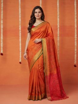 MEENA BAZAAR - Women Orange Art Silk Woven Saree with Unstitched Blouse
