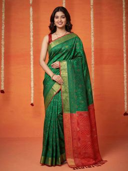 MEENA BAZAAR - Women Green Art Silk Woven Saree with Unstitched Blouse