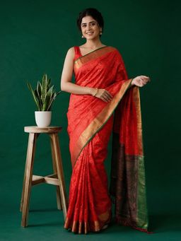 MEENA BAZAAR - Women Pink Art Silk Woven Saree with Unstitched Blouse