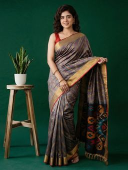 MEENA BAZAAR - Women Grey Art Silk Woven Saree with Unstitched Blouse