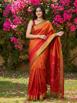 MEENA BAZAAR - Women Orange Art Silk Woven Saree with Unstitched Blouse