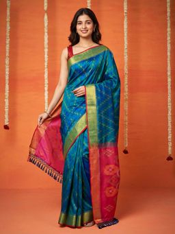 MEENA BAZAAR - Women Green Art Silk Woven Saree with Unstitched Blouse