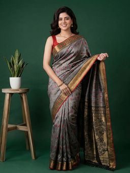 MEENA BAZAAR - Women Grey Art Silk Woven Saree with Unstitched Blouse