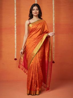 MEENA BAZAAR - Women Orange Art Silk Woven Saree with Unstitched Blouse