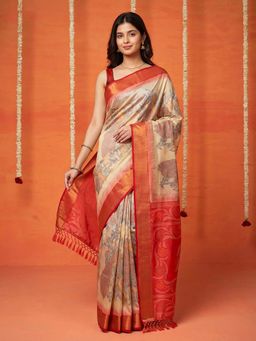 MEENA BAZAAR - Women Cream Art Silk Woven Saree with Unstitched Blouse