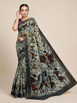SALWAR STUDIO - Grey Warli Printed Pure Cotton Saree With Unstitched Blouse