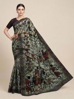 SALWAR STUDIO - Grey Warli Printed Pure Cotton Saree With Unstitched Blouse
