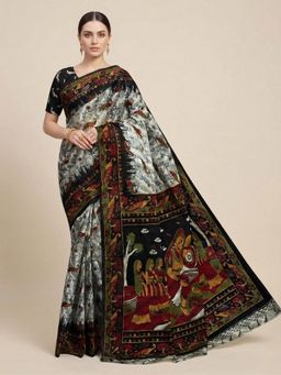 SALWAR STUDIO - Black Warli Printed Pure Cotton Saree With Unstitched Blouse