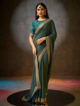 Sarha - Green Poly Georgette Solid/Plain Saree with Unstitched Blouse