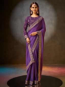 Sarha - Purple Poly Georgette Solid/Plain Saree with Unstitched Blouse