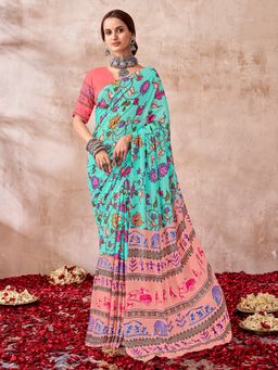 Sarha - Green Poly Georgette Printed Saree with Unstitched Blouse