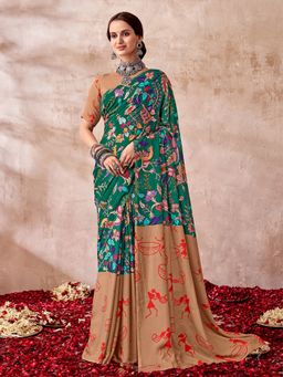 Sarha - Green Poly Georgette Printed Saree with Unstitched Blouse