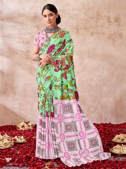 Sarha - Green Poly Georgette Printed Saree with Unstitched Blouse