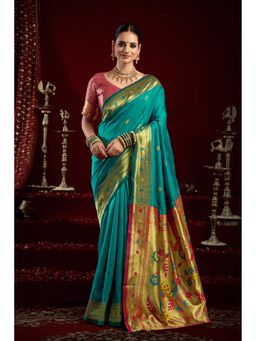 AMRUTKALA SAREES - Green Designer Banarasi Silk Kanjivaram Solid Saree With Unstitched Blouse