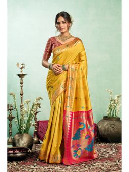 AMRUTKALA SAREES - Yellow Designer Banarasi Silk Kanjivaram Solid Saree With Unstitched Blouse