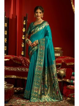 AMRUTKALA SAREES - Teal Designer Banarasi Silk Kanjivaram Solid Saree With Unstitched Blouse