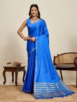 AMRUTKALA SAREES - Blue Designer Banarasi Silk Plain Solid Saree With Unstitched Blouse