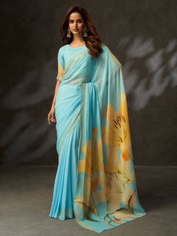 Sarha - Blue Poly Georgette Floral Saree with Unstitched Blouse