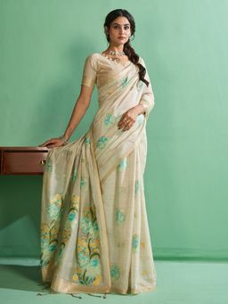 Sarha - Off White Cotton Floral Saree with Unstitched Blouse