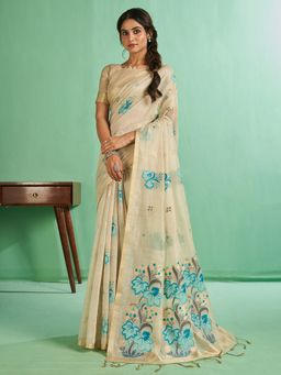 Sarha - Off White Cotton Floral Saree with Unstitched Blouse