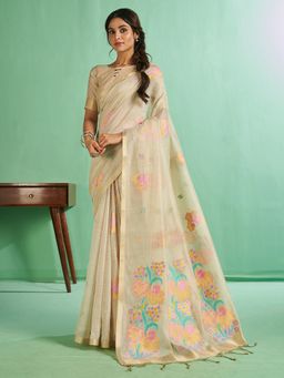 Sarha - Off White Cotton Floral Saree with Unstitched Blouse