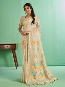 Sarha - Off White Cotton Floral Saree with Unstitched Blouse