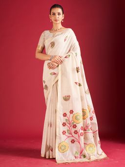 Sarha - Off White Cotton Floral Saree with Unstitched Blouse