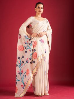 Sarha - Off White Cotton Floral Saree with Unstitched Blouse
