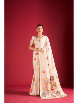 Sarha - Off White Cotton Blend Floral Saree with Unstitched Blouse