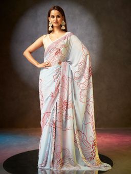 Sarha - Blue Poly Georgette Floral Saree with Unstitched Blouse