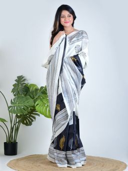 AAKAR - Women White Silk Floral Saree with Unstitched Blouse