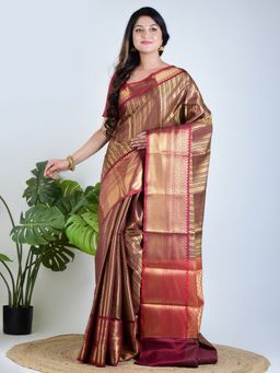 AAKAR - Women Gold Tissue Woven Saree with Unstitched Blouse