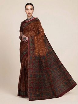 SALWAR STUDIO - Rust Warli Printed Pure Cotton Saree With Unstitched Blouse
